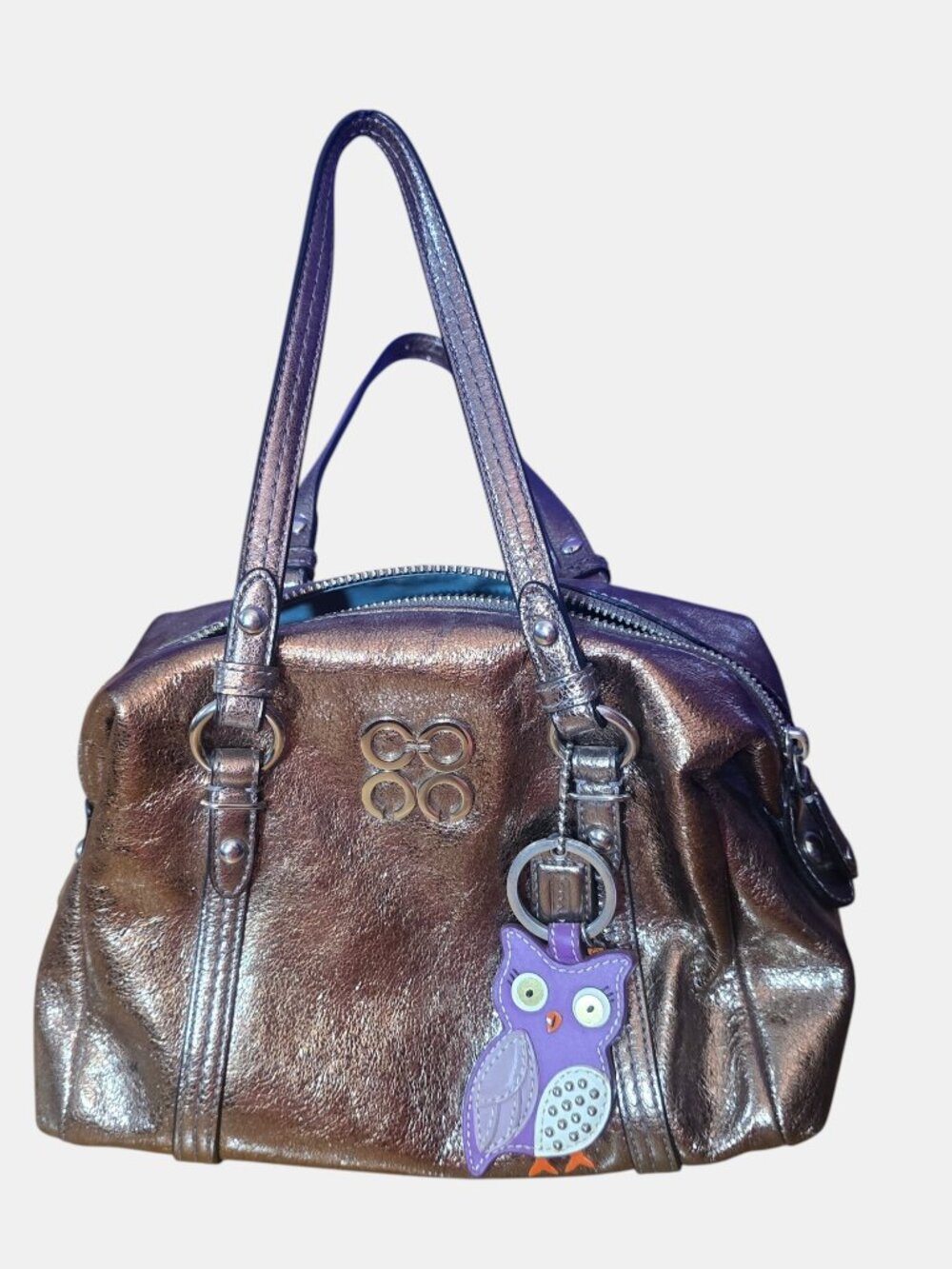 COACH Julia Metallic Bronze Leather Satchel Shoulder Bag Coach Owl Charm